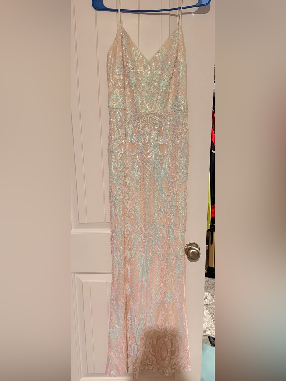 Elegant Sequin-Embellished Iridescent Pink Evening Dress